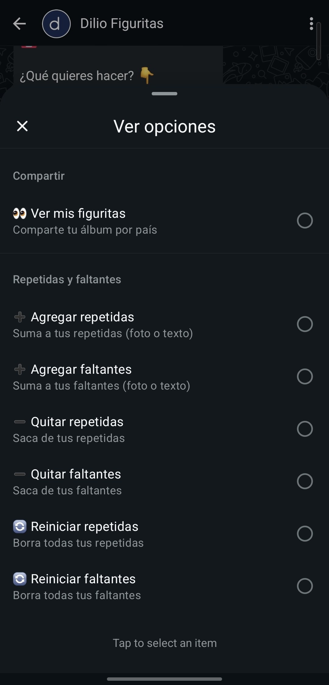 Menú para manejar figuritas